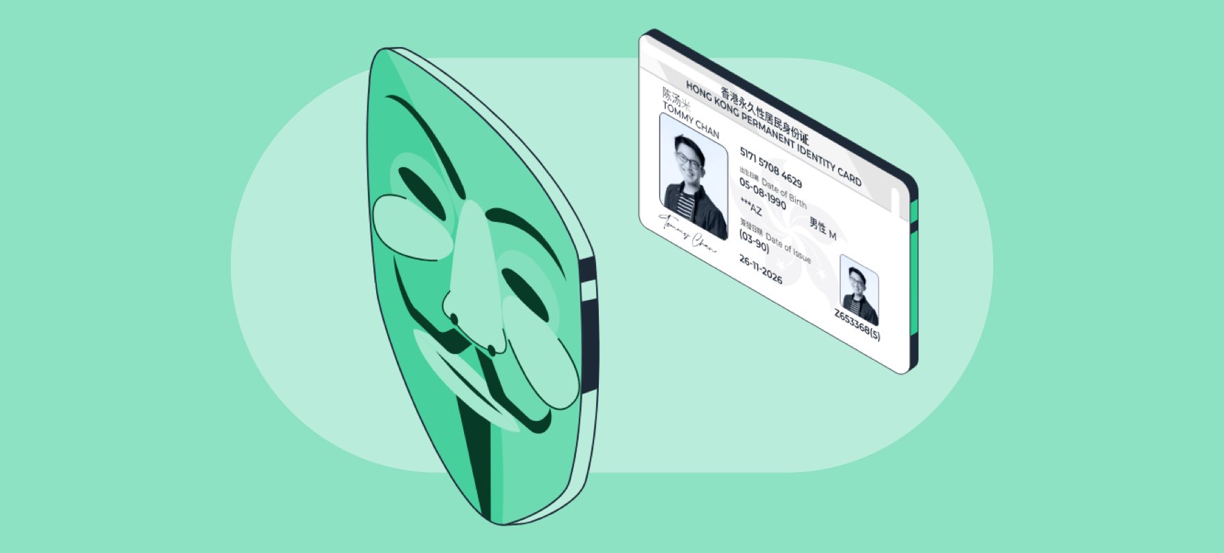 A mask with a Hong Kong Permanent Identity card image in the background: Depicting how reference checks by CheckMinistry can unveil the truth.