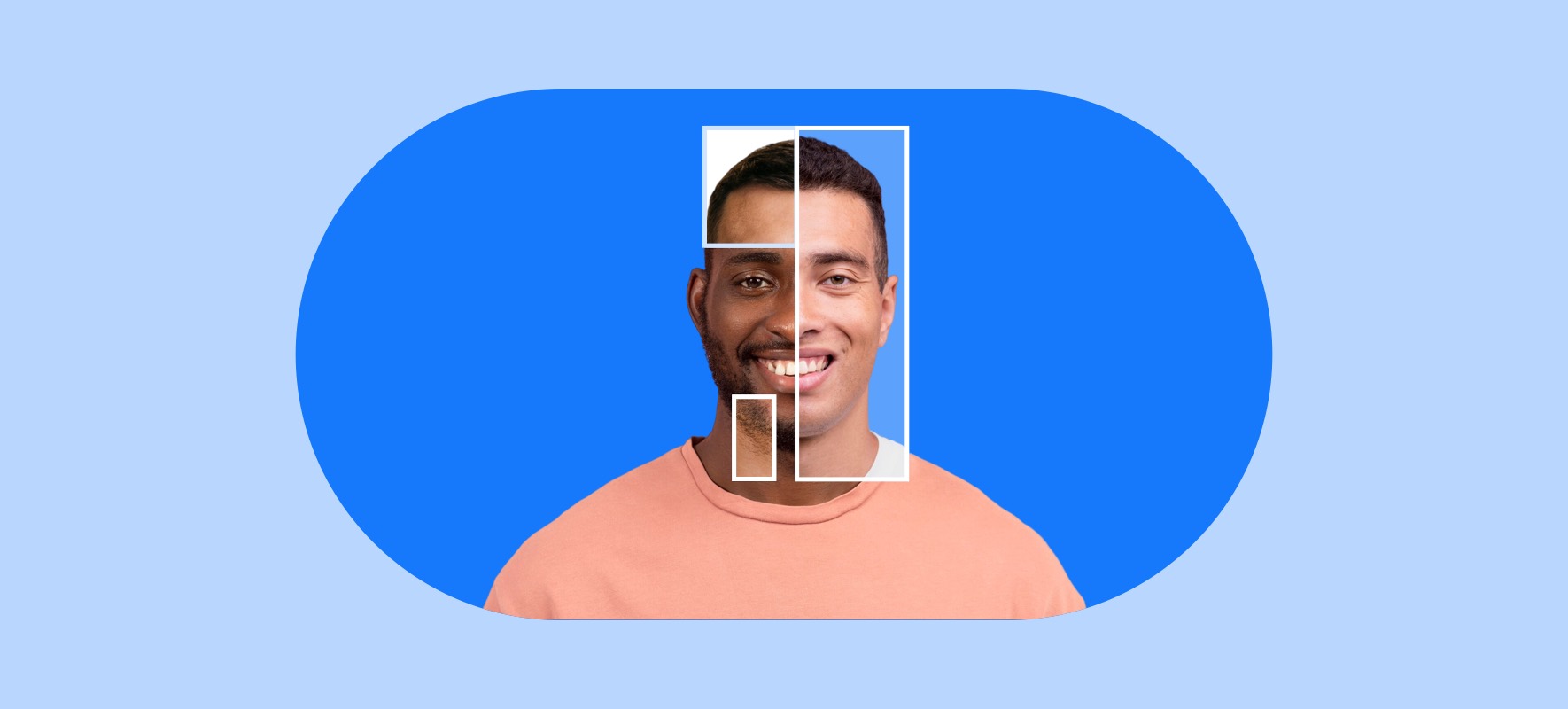 A man with a smiling face on a blue background. The face is highlighted with different shades- representing the concept of ‘decoding deception