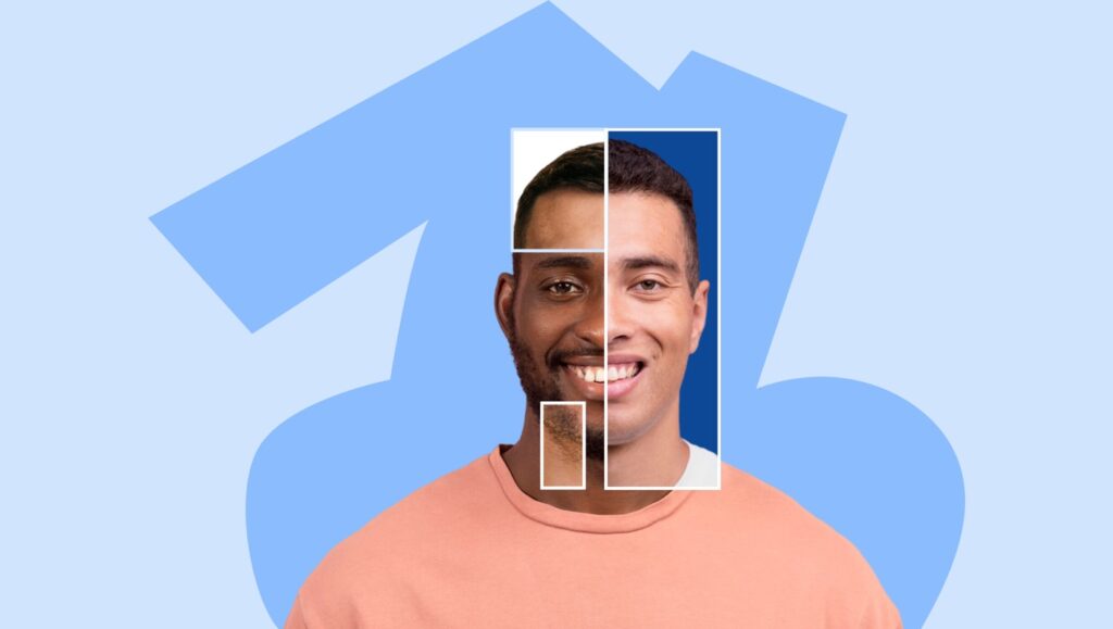 A man with a smiling face on a blue background. The face is highlighted with different shades- representing the concept of ‘decoding deception.