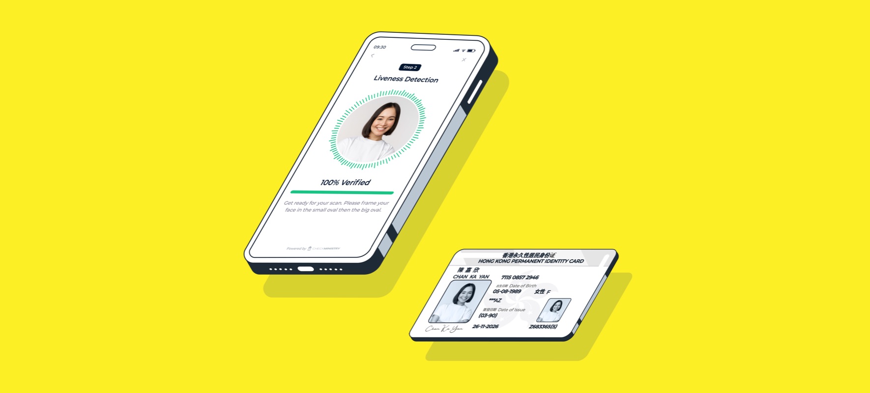 An identity check process depicting how a smartphone is used to scan and verify the details provided on a physical ID card.
