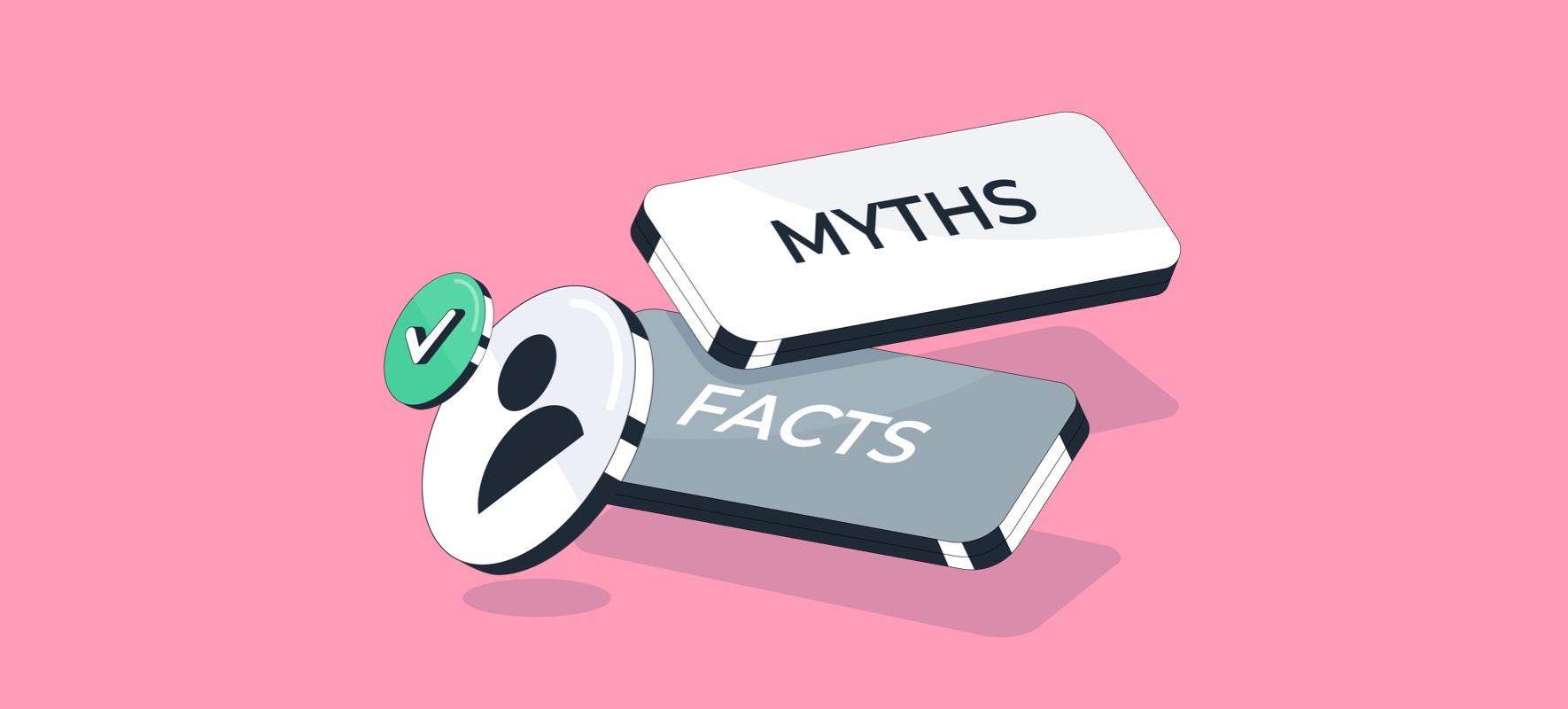 Two rectangular shaped elements with myths and facts written on them. A user icon with green tick mark is depicting the myths and facts about employee background screening.