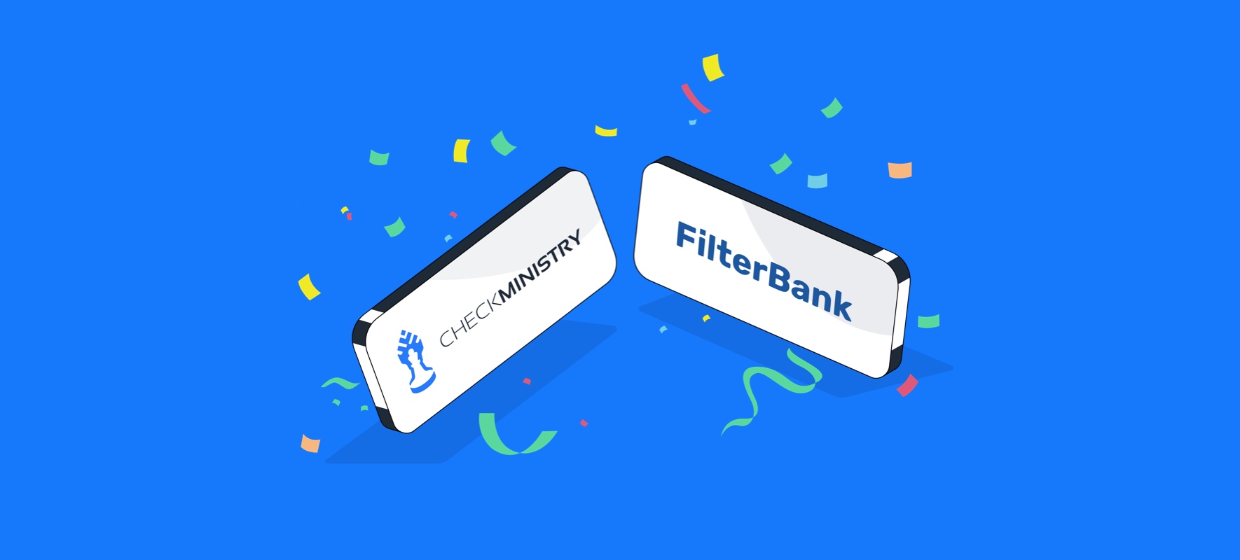 Two rectangular elements are shown side by side with CheckMinistry's and Filterbank's brand logo on them. It represents the new partnership to revolutionize background screening solutions.