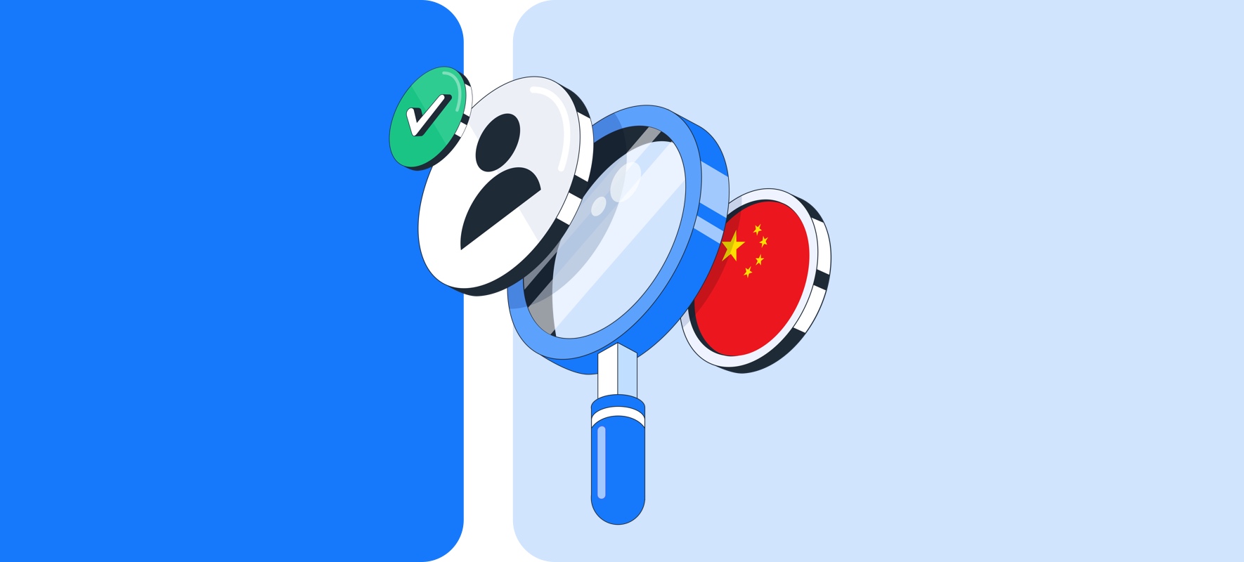 A representation of employee background checks in China with elements including a magnifying glass, user icon with green tick mark and flag of China.