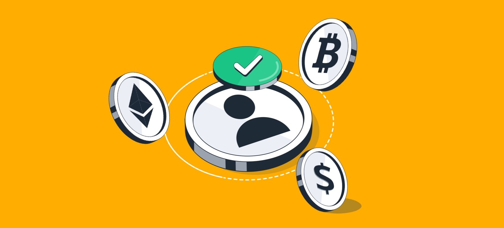 User icon with green tick mark placed within a dotten circle. There are three crypto coins surrounding it, illustrating employee background screening in the crypto industry.