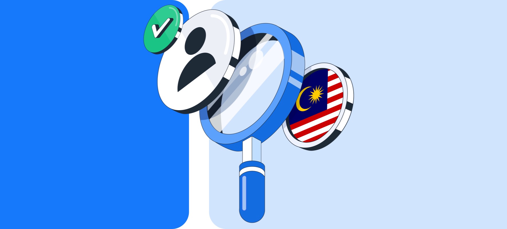 An illustration of pre-employment background check in Malaysia with elements including a magnifying glass, user icon with green tick mark and flag of Malaysia.